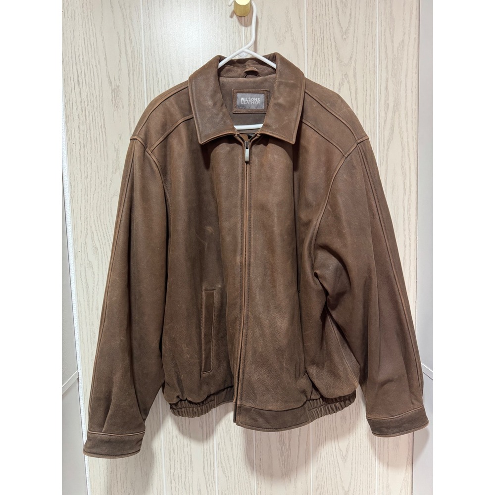 Wilsons Leather Mens XL Brown Genuine Leather Bomber Jacket Full Zip Insulated